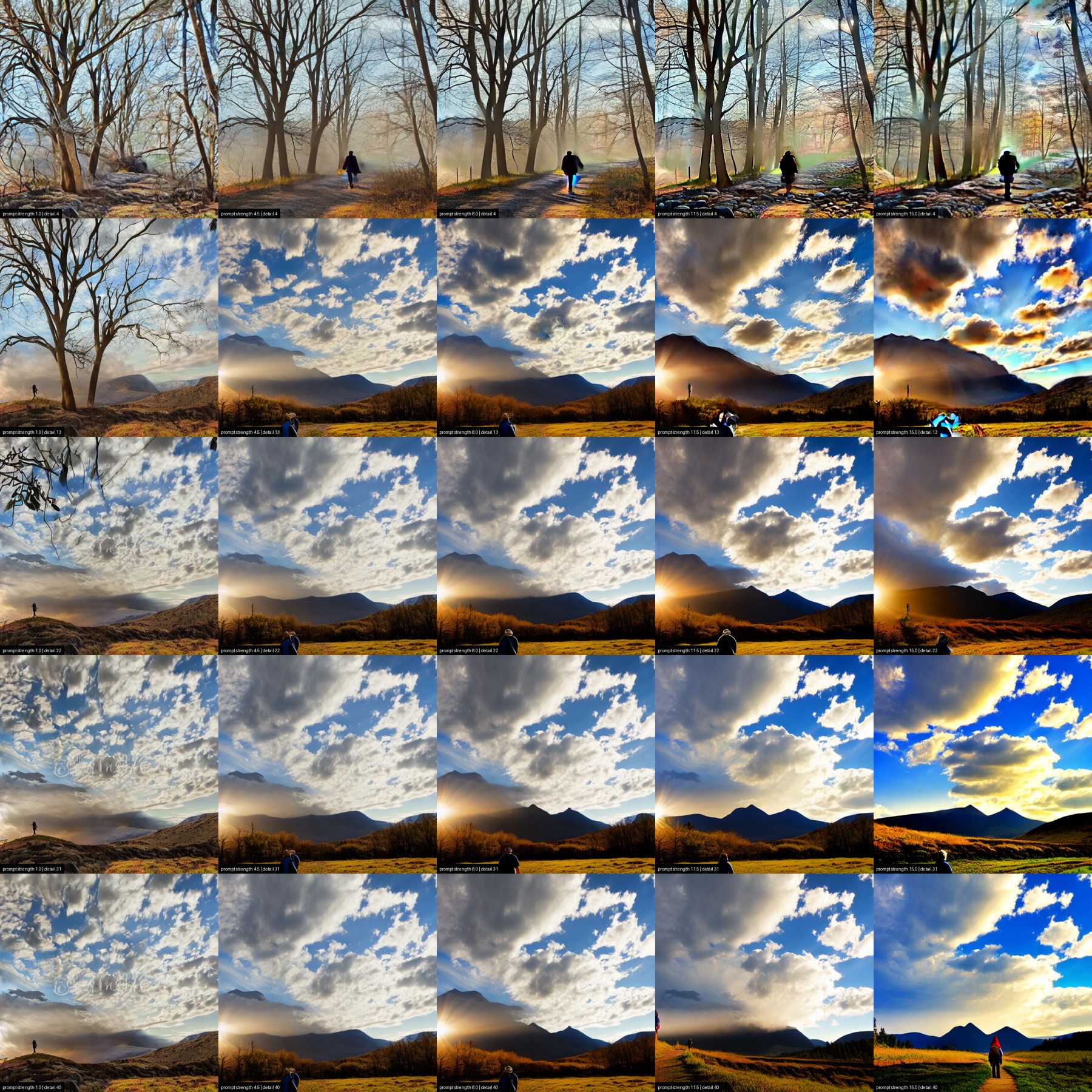 5×5 grid: prompt strength (CFG) 1–15 across the columns, detail (steps) 4–40 down the rows, SD 1.5 base, no style, fixed seed 1312