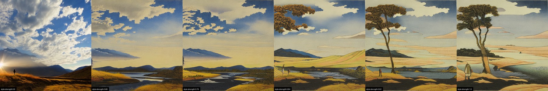 Row of six images: the same Hokusai sweep zoomed into strength 0.6, 0.68, 0.76, 0.84, 0.92, 1.0