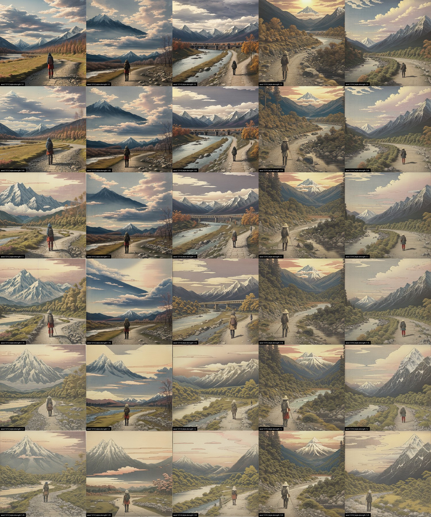 5 seeds by 6 style-strength grid, DreamShaper 8 with Hokusai, strength 1.0 to 1.25