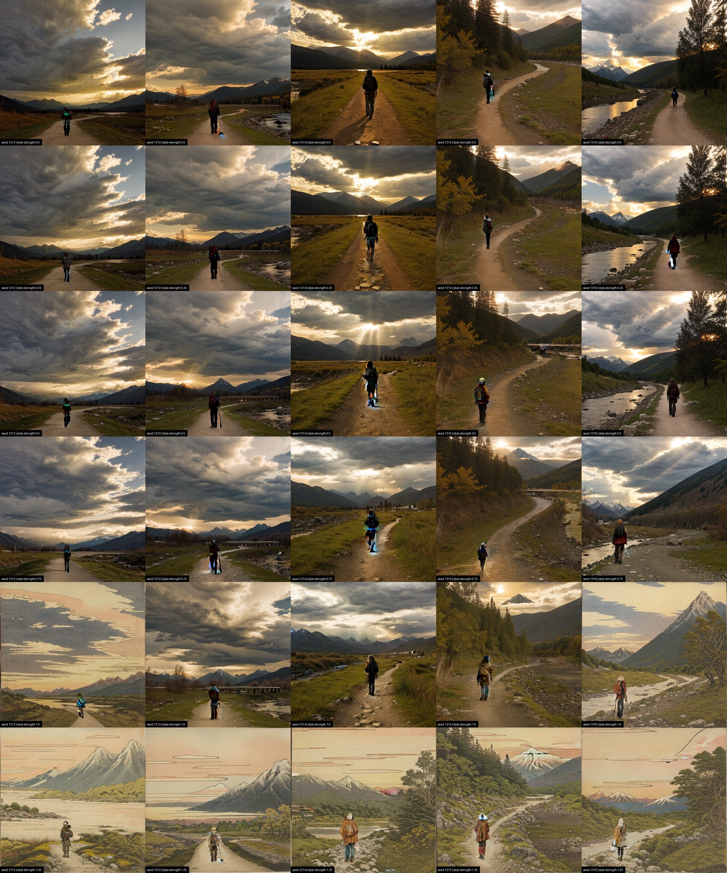 5 seeds by 6 style-strength grid, epiCRealism with Hokusai, strength 0.0 to 1.25