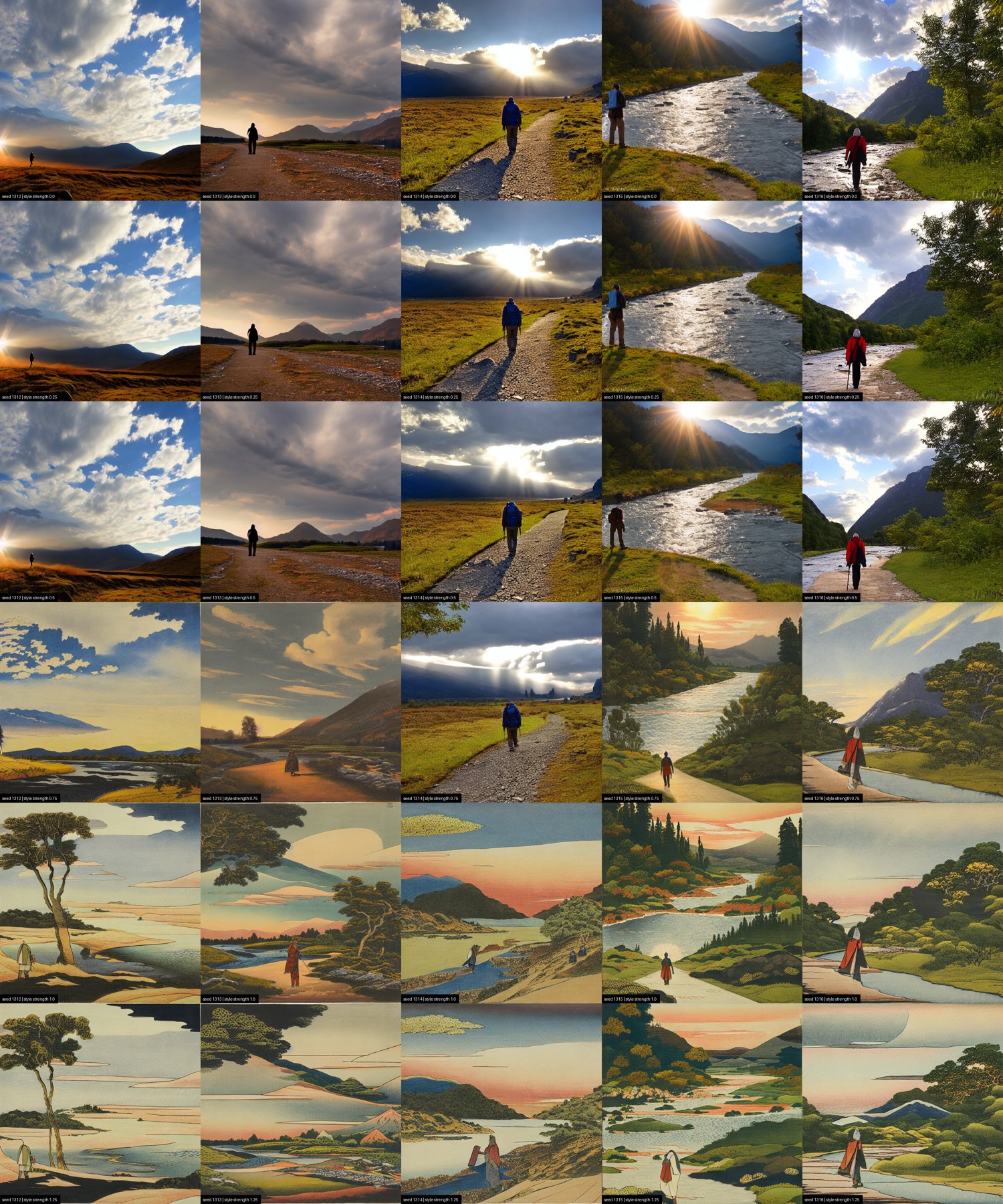 5 seeds by 6 style-strength grid, SD 1.5 base with Hokusai, strength 0.0 to 1.25