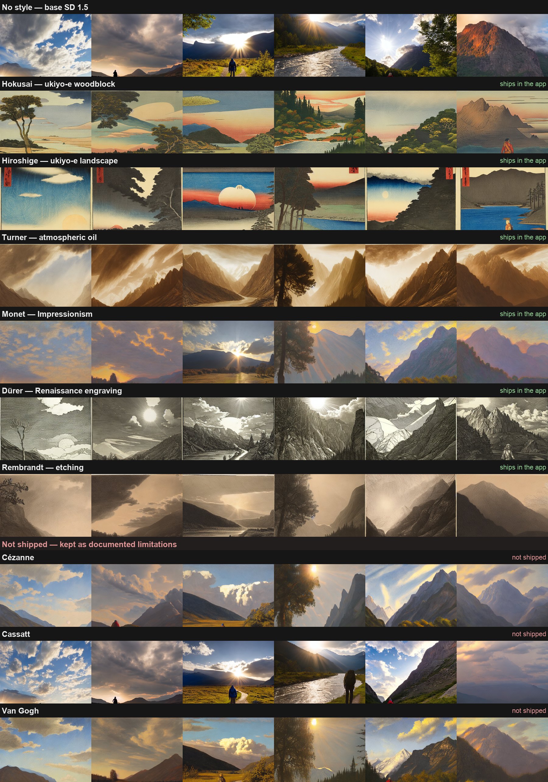 All nine LoRA styles plus the base model on one prompt and the same six seeds; the top six read as distinct artist styles, the bottom three collapse toward generic landscapes
