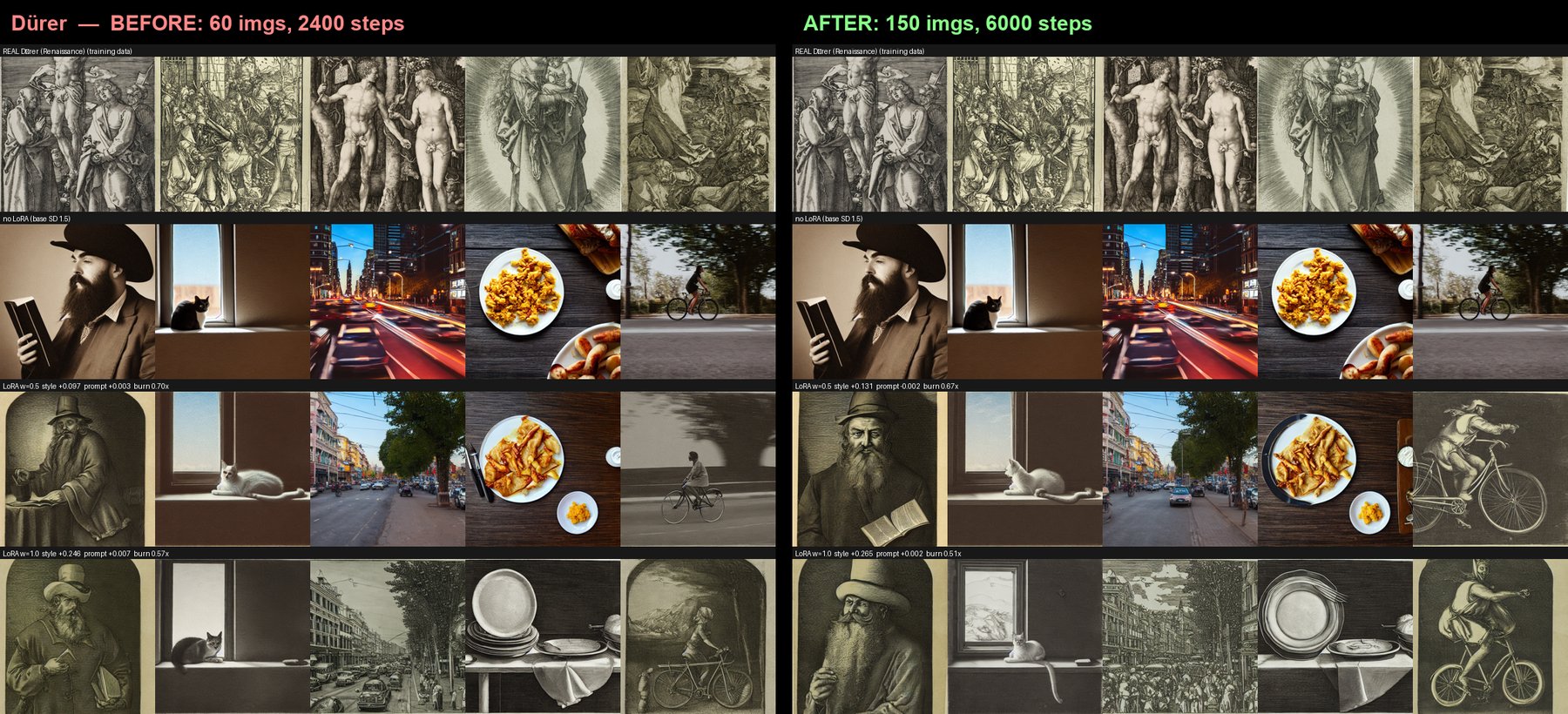 Dürer before/after: the 60-image LoRA on the left, the 150-image LoRA on the right, same five prompts