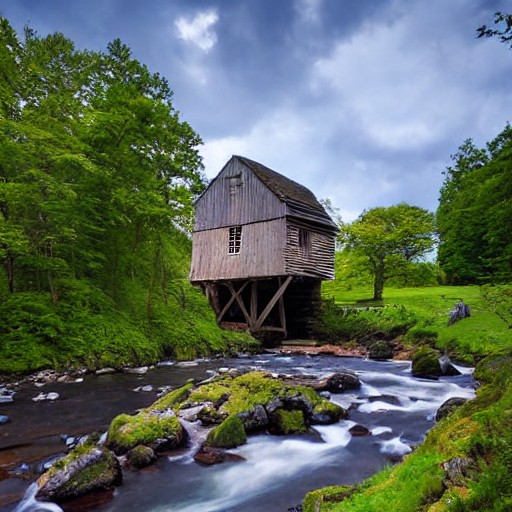 A plain SD1.5 render of an old stone watermill beside a rushing stream