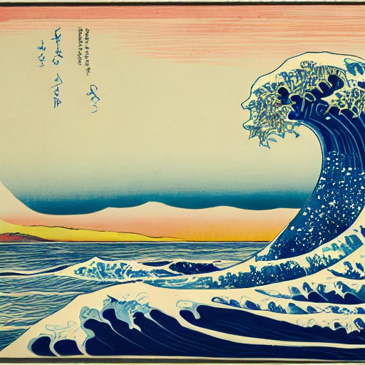 A great wave breaking over small fishing boats, in Katsushika Hokusai's style, seed 3080440566