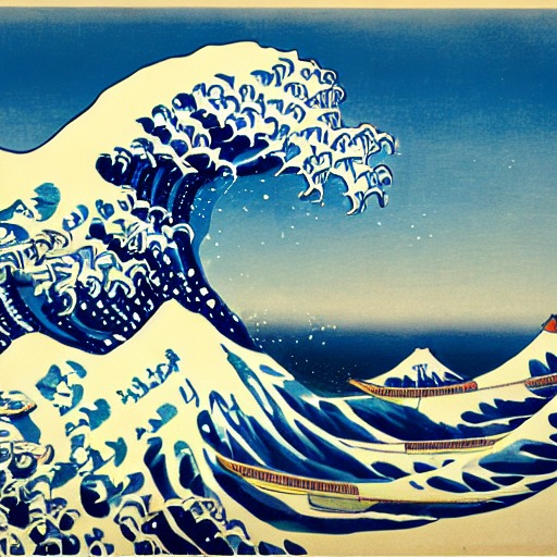 A great wave breaking over small fishing boats, in Katsushika Hokusai's style, seed 2335357976, a second seed