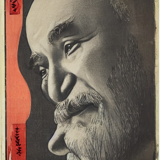 An old man's face lit from one side, deep shadow behind him, in Utagawa Hiroshige's style