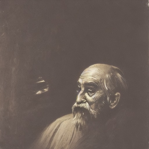 An old man's face lit from one side, deep shadow behind him, in J.M.W. Turner's style
