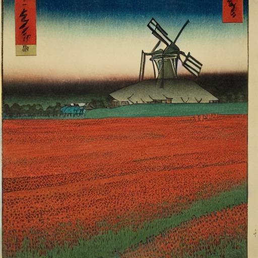 A field of poppies stretching toward a distant windmill, in Utagawa Hiroshige's style