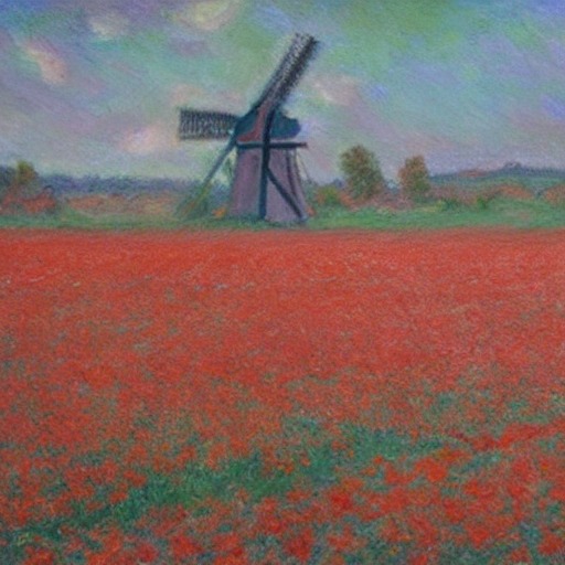 A field of poppies stretching toward a distant windmill, in Claude Monet's style