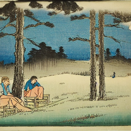 Travellers resting under a large pine tree beside a dirt road, in Utagawa Hiroshige's style
