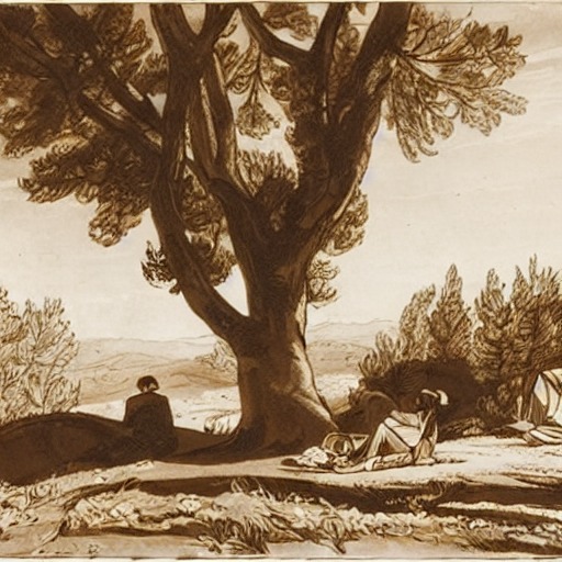 Travellers resting under a large pine tree beside a dirt road, in J.M.W. Turner's style