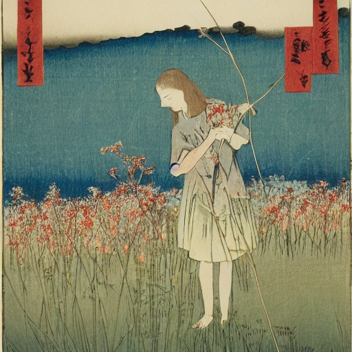 A hand holding a bundle of wildflowers against a plain background, in Utagawa Hiroshige's style