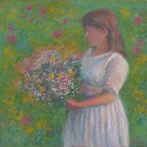 A hand holding a bundle of wildflowers against a plain background, in Claude Monet's style